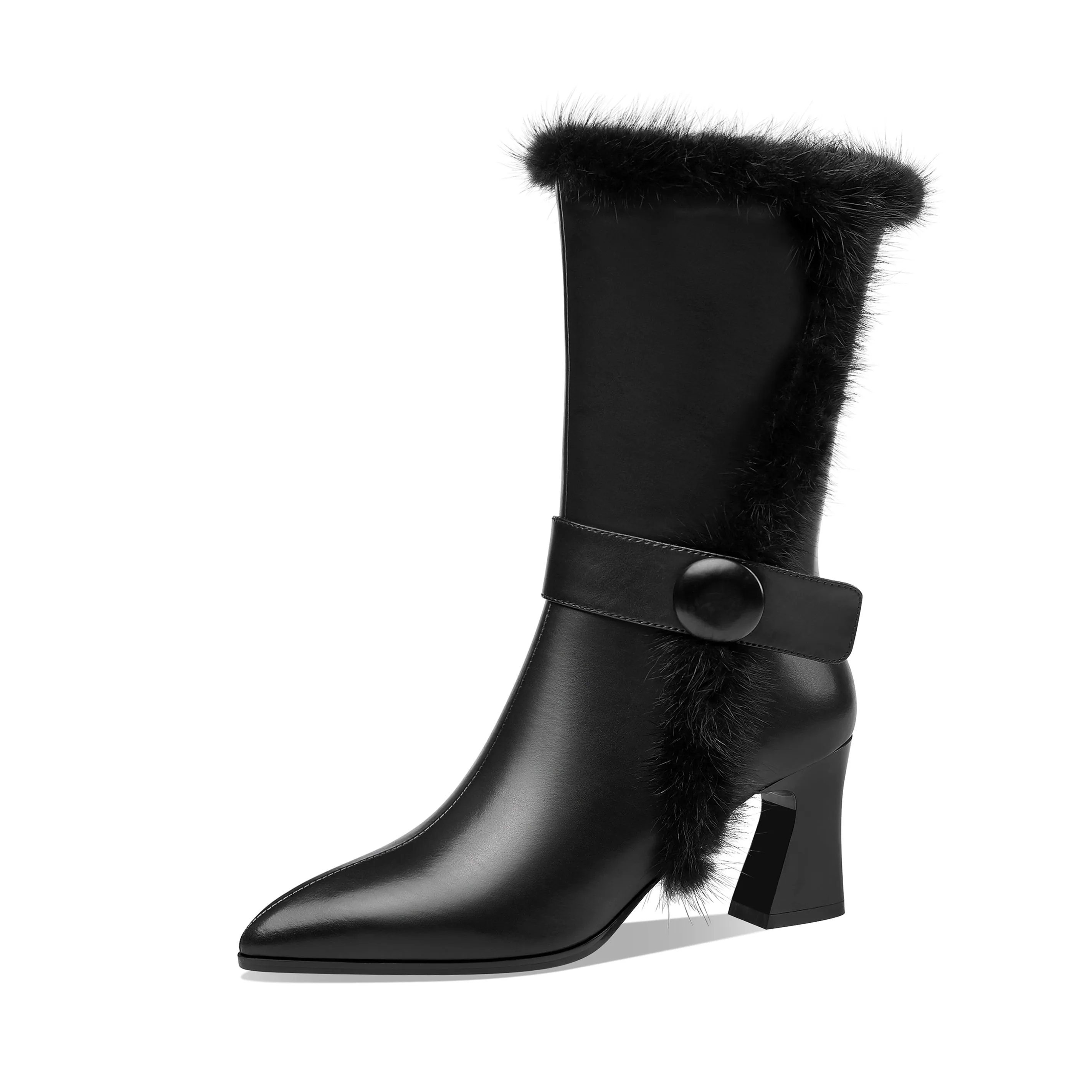 TinaCus Handmade Women's Genuine Leather Spool Heel Side Zip Up Black Mid-Calf Boots with Fur And Chic Belt