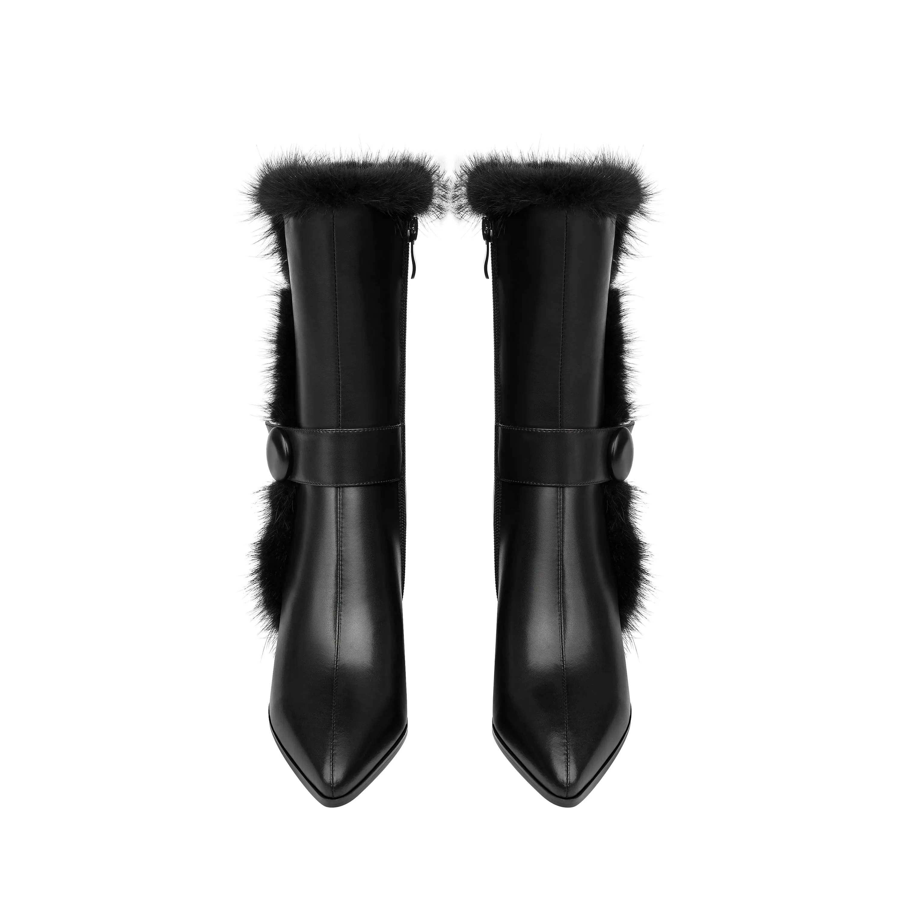 TinaCus Handmade Women's Genuine Leather Spool Heel Side Zip Up Black Mid-Calf Boots with Fur And Chic Belt