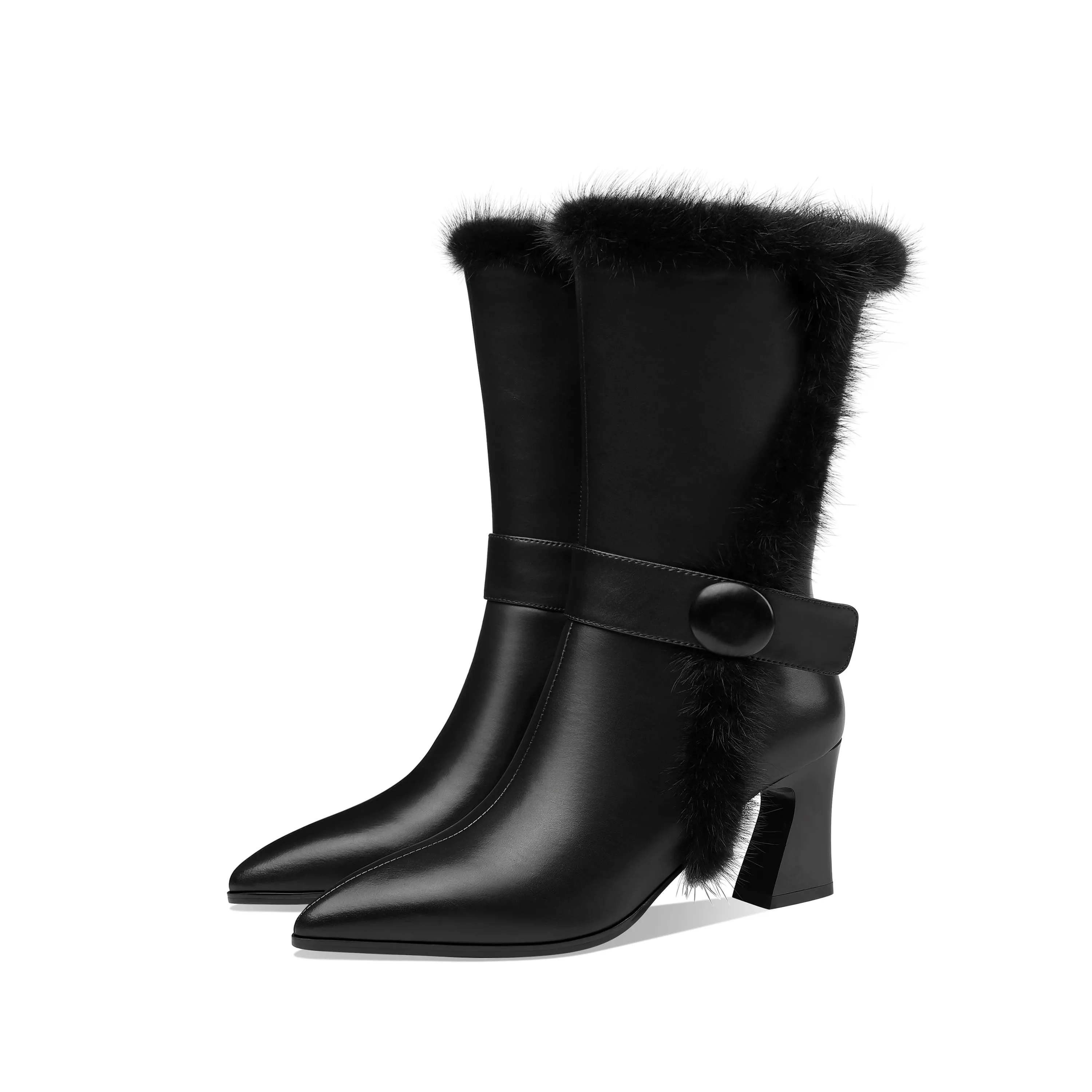 TinaCus Handmade Women's Genuine Leather Spool Heel Side Zip Up Black Mid-Calf Boots with Fur And Chic Belt