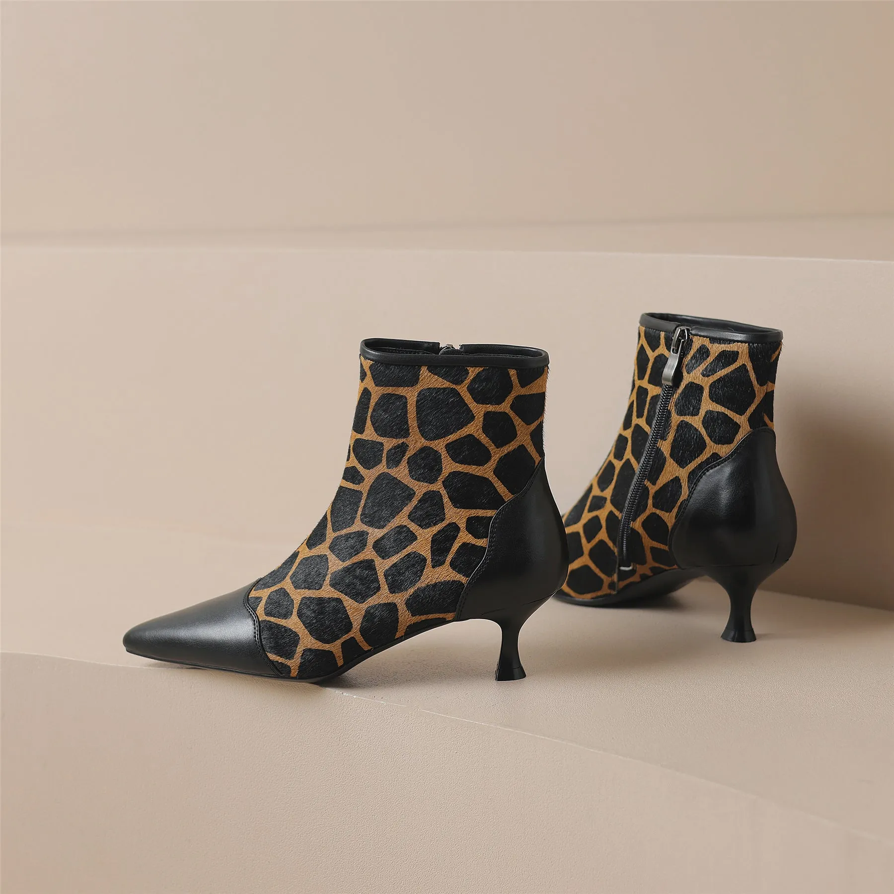 TinaCus Horse-Hair Women's Leather Leopard Handmade Zip Up Ankle Boots