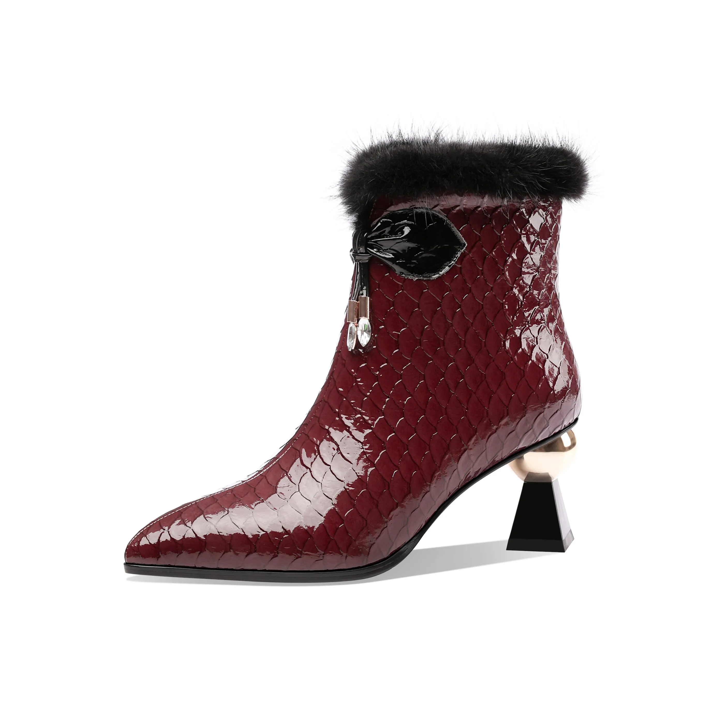 TinaCus Patent Leather Handmade Women's Pointy Toe Side Zip Up Mid Heel Crystal and Fur Design Ankle Boots with Bow