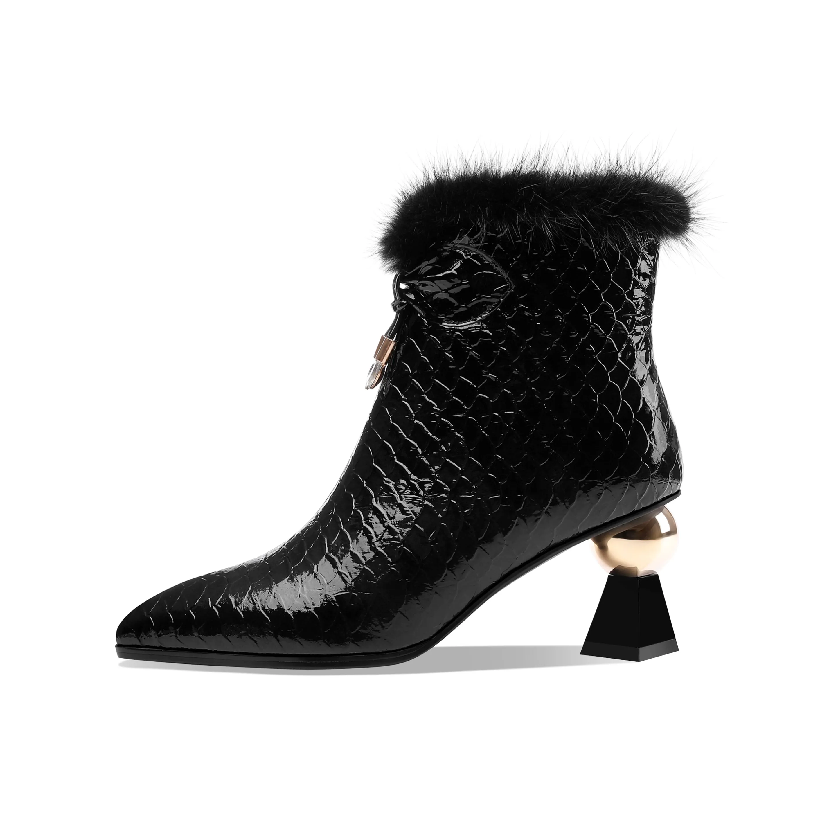 TinaCus Patent Leather Handmade Women's Pointy Toe Side Zip Up Mid Heel Crystal and Fur Design Ankle Boots with Bow