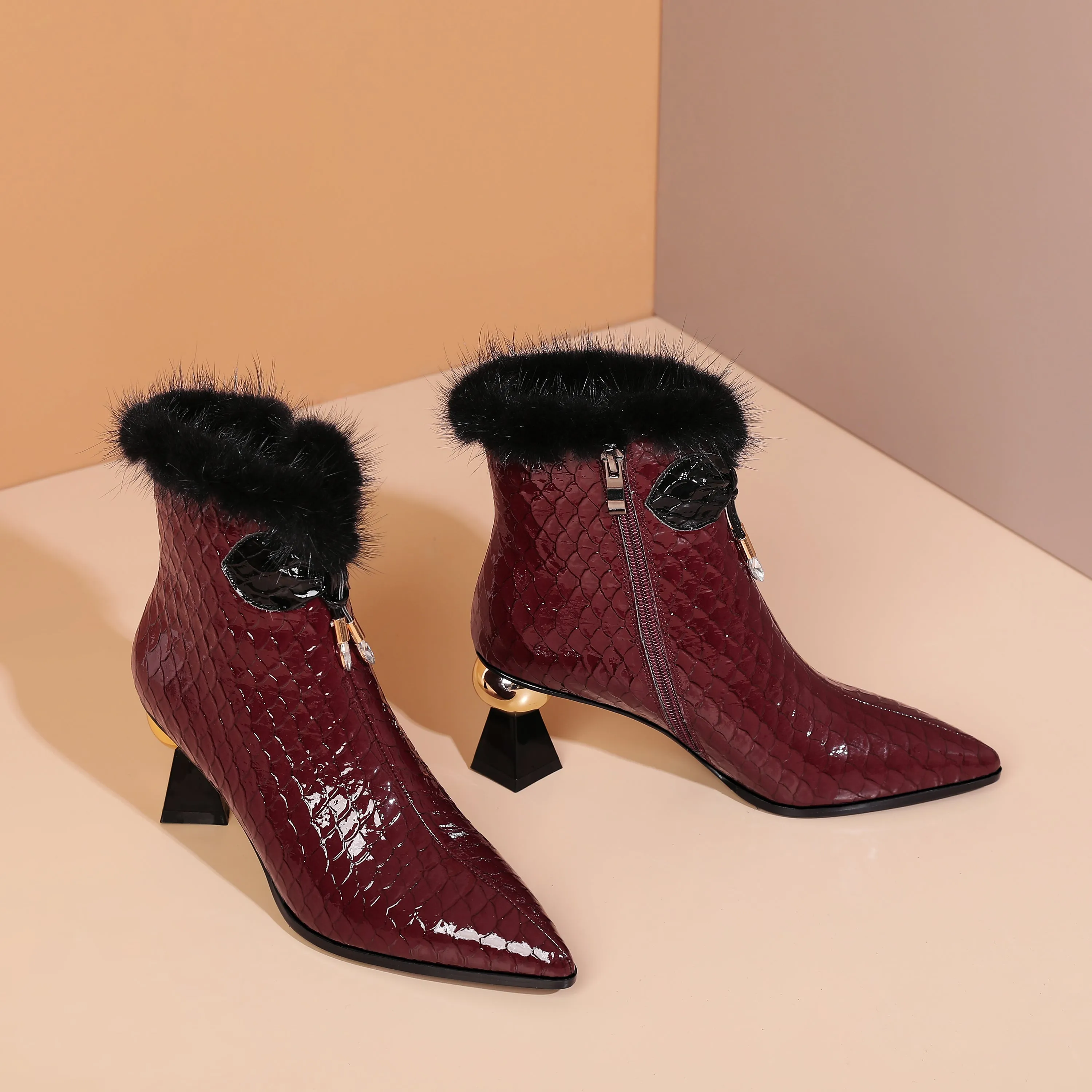 TinaCus Patent Leather Handmade Women's Pointy Toe Side Zip Up Mid Heel Crystal and Fur Design Ankle Boots with Bow