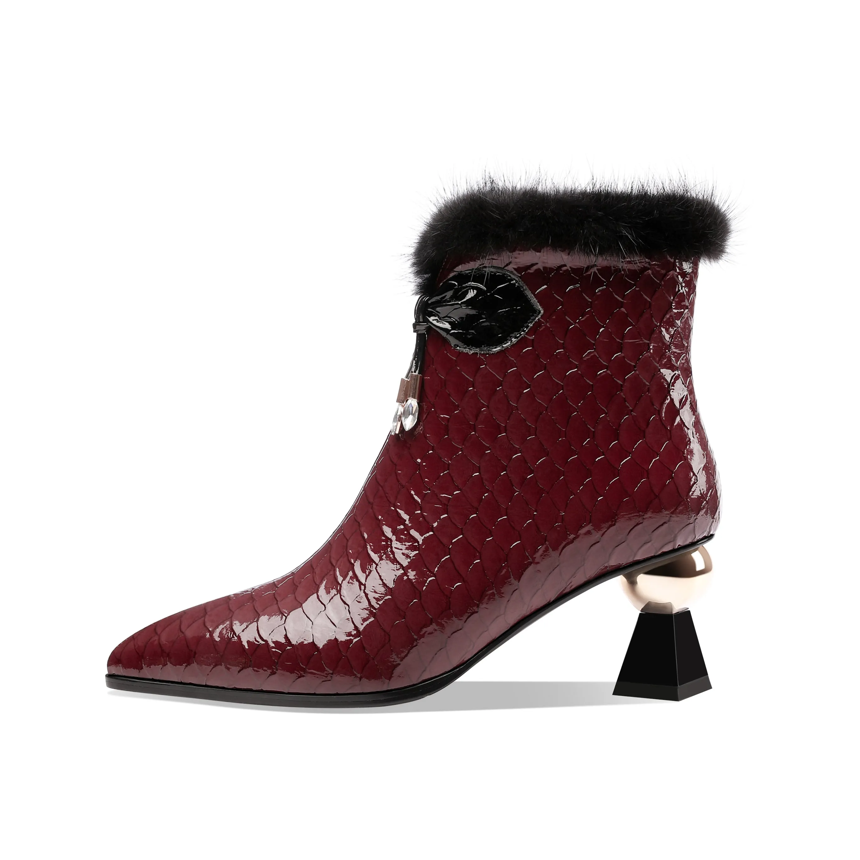 TinaCus Patent Leather Handmade Women's Pointy Toe Side Zip Up Mid Heel Crystal and Fur Design Ankle Boots with Bow