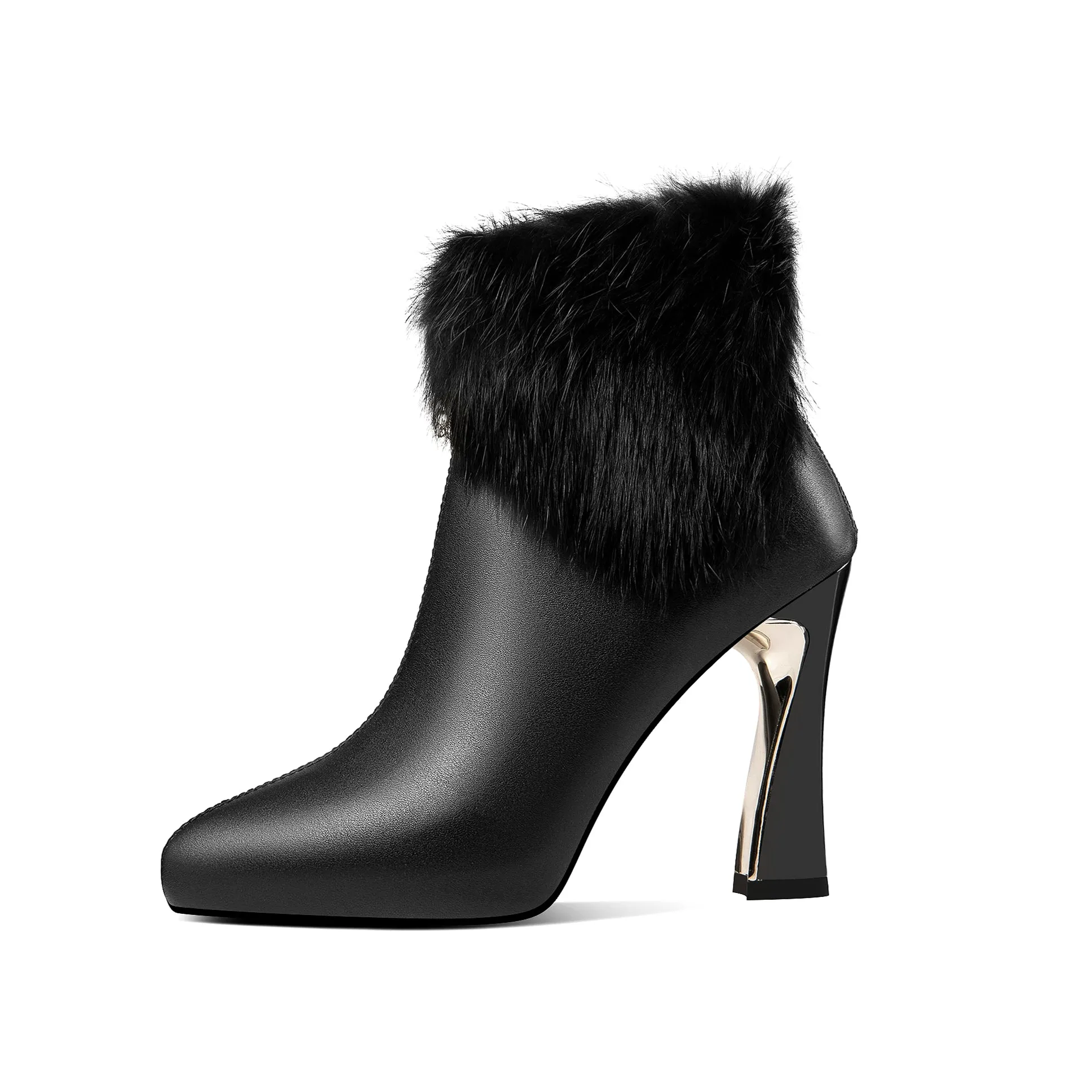 TinaCus Women's Genuine Leather Platform Pointed Toe Back Zip Up Handmade High Heel Ankle Boots with Fur