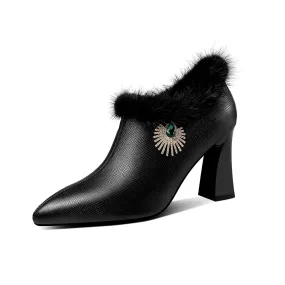 TinaCus Women's Handmade Genuine Leather High Heel Side Zip Up Pointed Toe Fur and Rhinestone Decor Oxford Pump Shoes