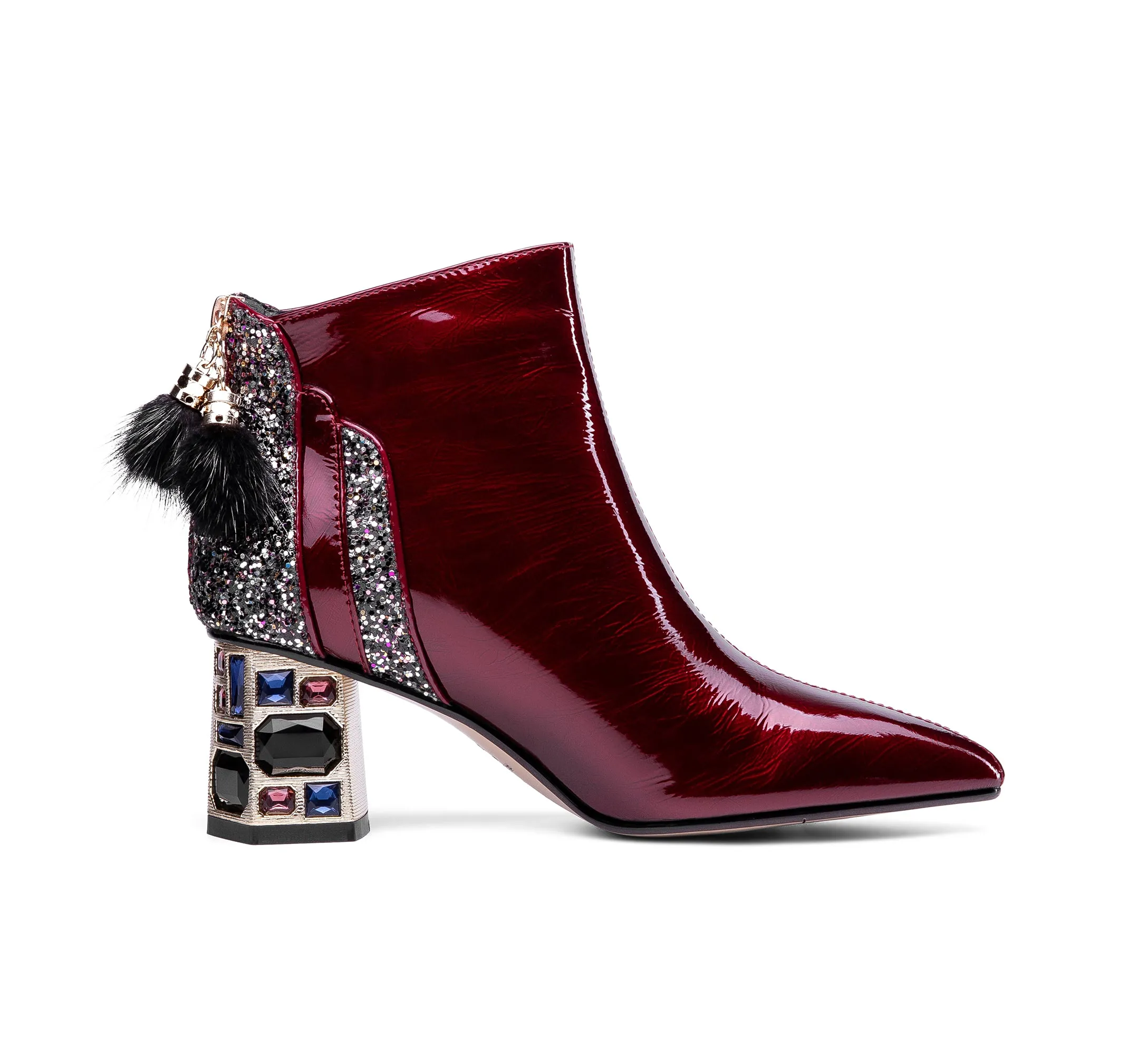 TinaCus Women's Patent Leather Handmade Crystal Mid Chunky Heel Back Zipper Pointed Toe Plus-Size Ankle Boots With Glitter and Fur Pendant