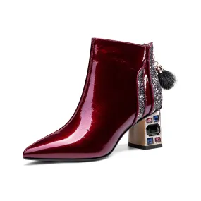 TinaCus Women's Patent Leather Handmade Crystal Mid Chunky Heel Back Zipper Pointed Toe Plus-Size Ankle Boots With Glitter and Fur Pendant