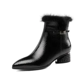 TinaCus Women's Patent Leather Handmade Side Zip Up Block Heel Black Ankle Booties with Fur and Glitter Buckle Decor