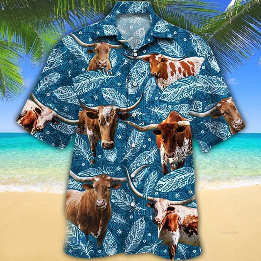 TX Longhorn Cattle Lovers Blue Feather Hawaii Hawaiian Shirt