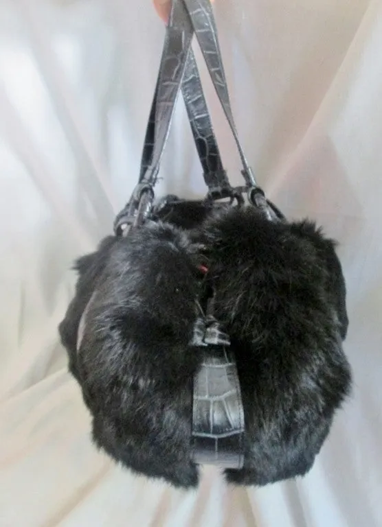 VALERIE STEVENS BLACK FUR Purse Tote Bowler Satchel Clutch Shoulder Bag GLAM