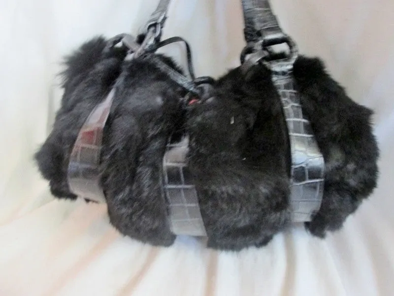 VALERIE STEVENS BLACK FUR Purse Tote Bowler Satchel Clutch Shoulder Bag GLAM