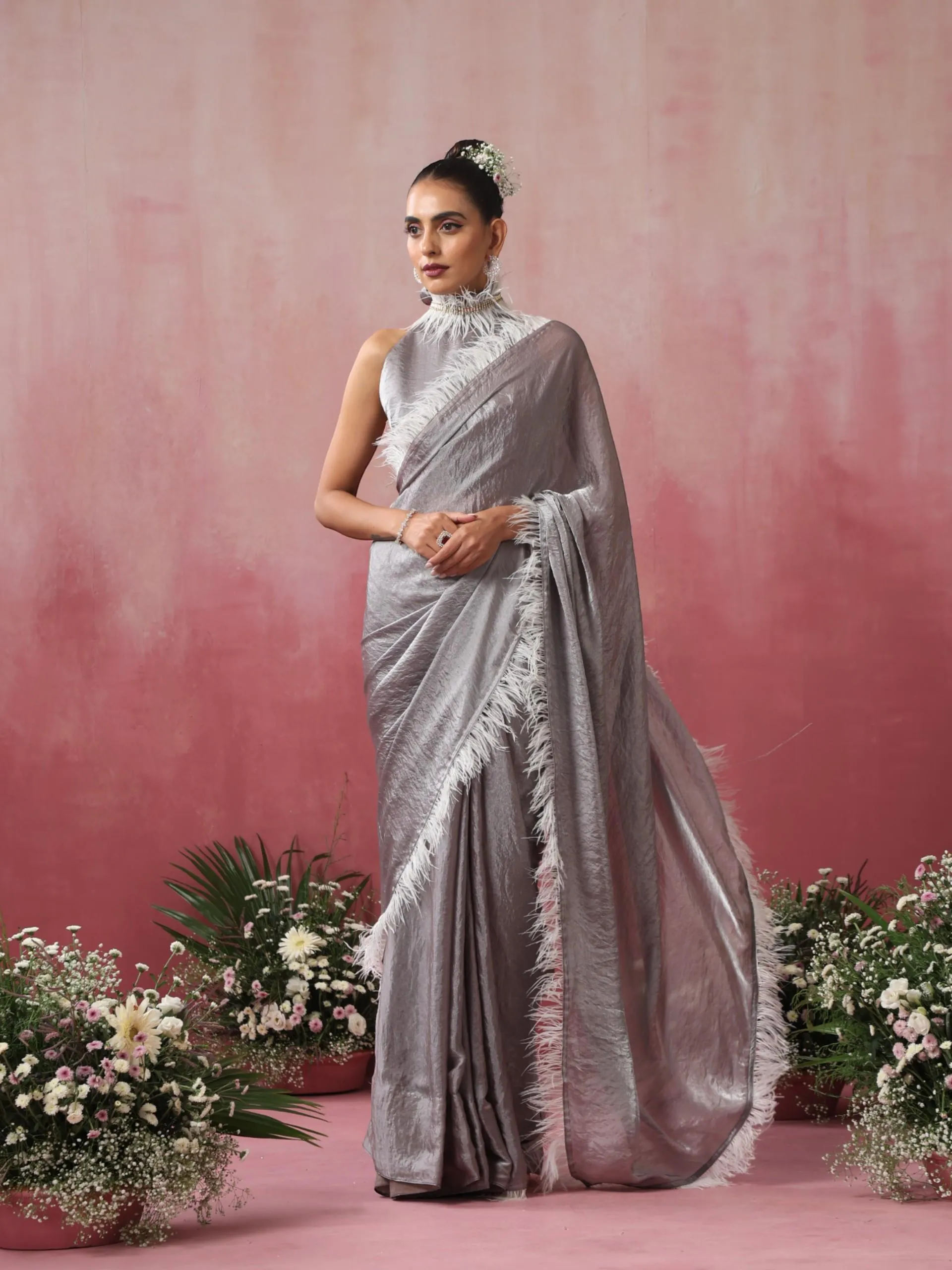 Vegas Grey Lilac Metallic Satin Saree with Fur and Blouse Fabric