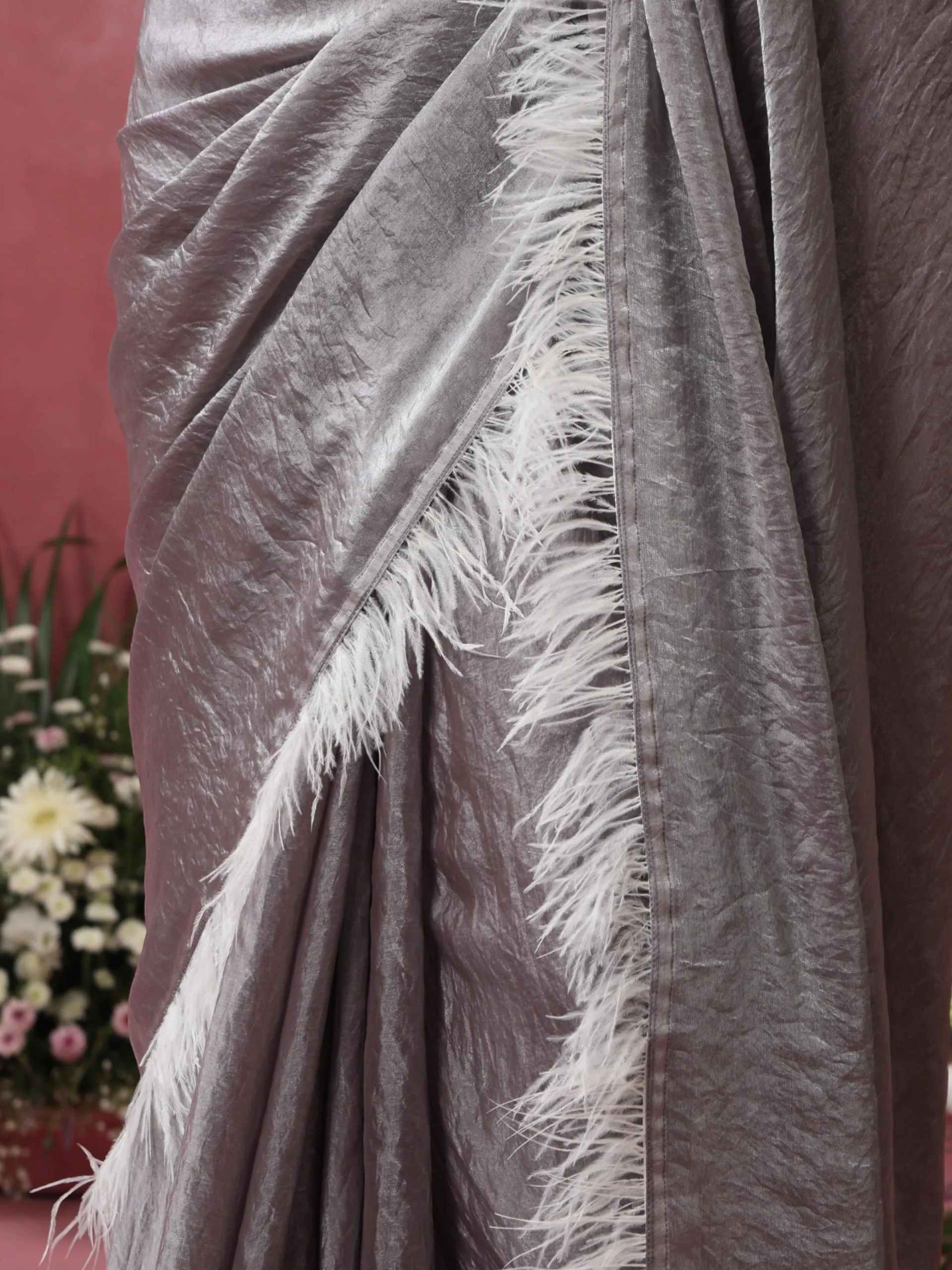 Vegas Grey Lilac Metallic Satin Saree with Fur and Blouse Fabric