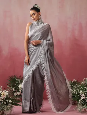 Vegas Grey Lilac Metallic Satin Saree with Fur and Blouse Fabric