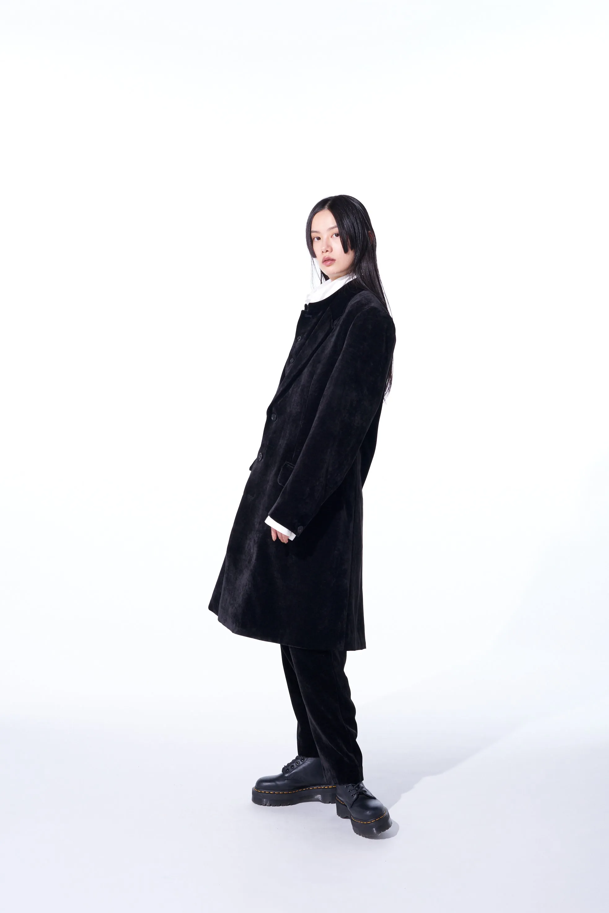 VELVETEEN NOTCHED LAPEL LONG JACKET