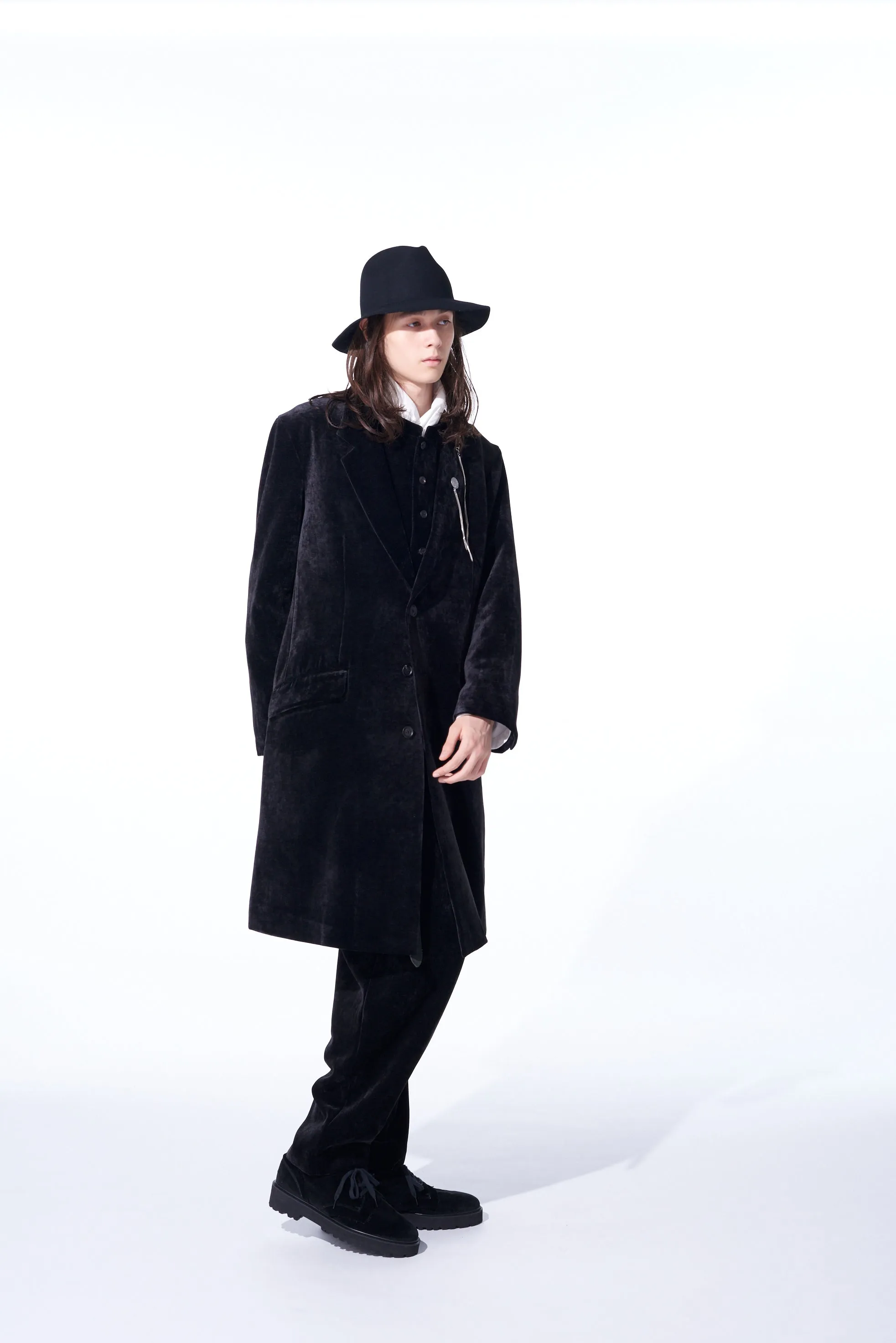 VELVETEEN NOTCHED LAPEL LONG JACKET