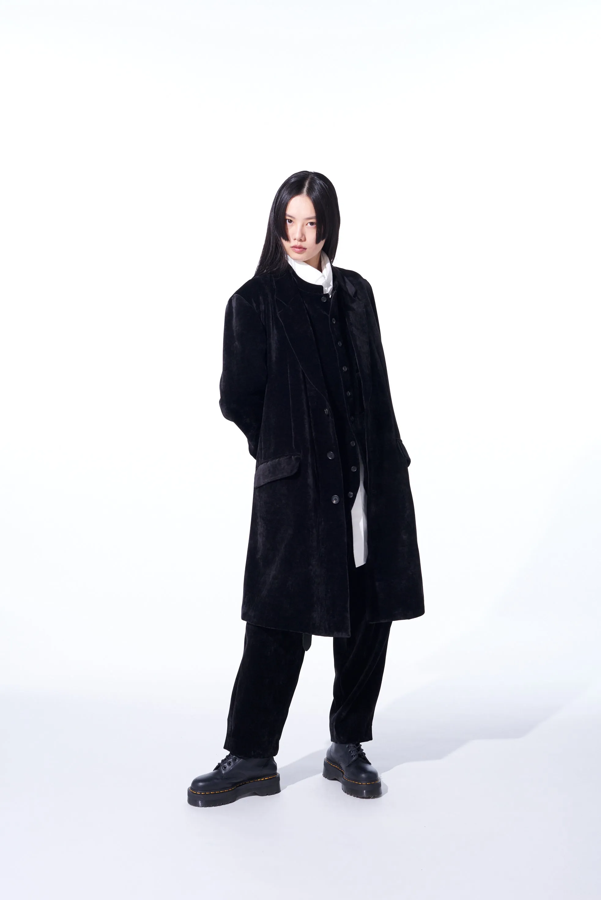 VELVETEEN NOTCHED LAPEL LONG JACKET