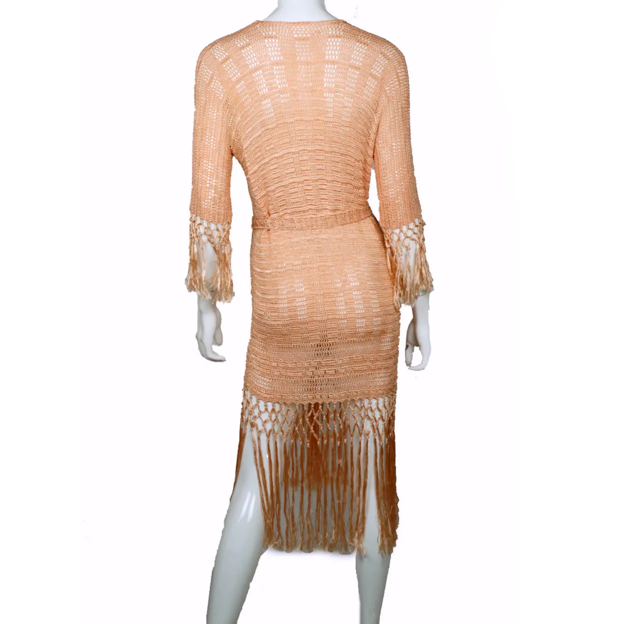 Vintage 1920s Silk Crochet Lace Knit Dress Pink Fringed Flapper Style Size M