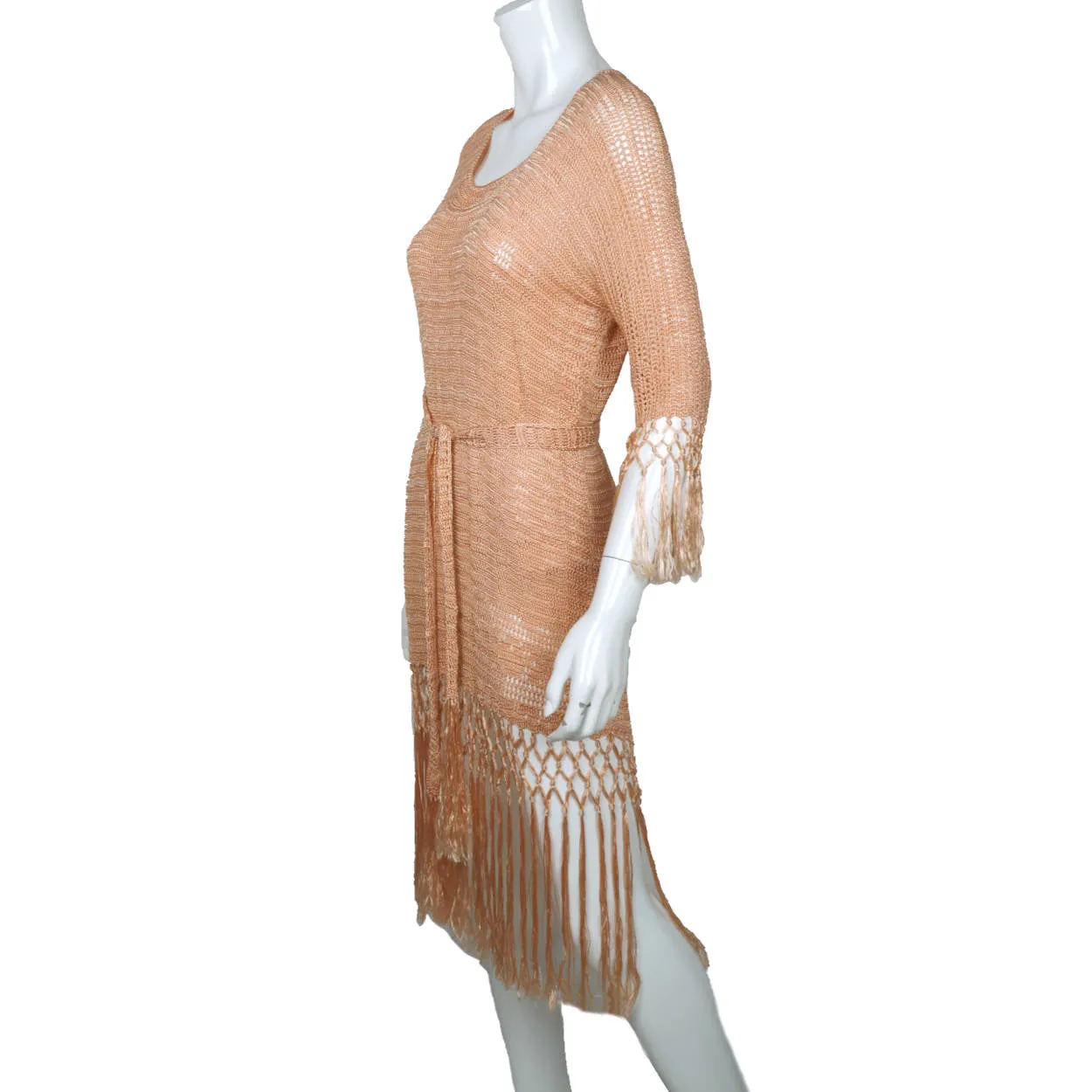 Vintage 1920s Silk Crochet Lace Knit Dress Pink Fringed Flapper Style Size M