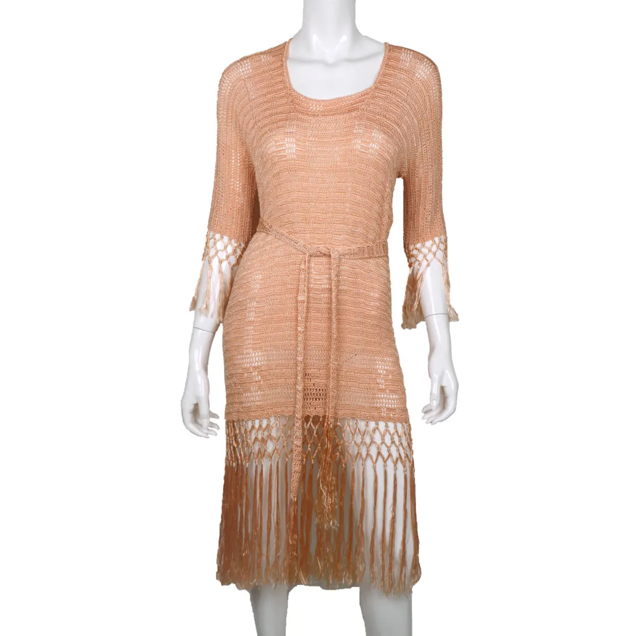 Vintage 1920s Silk Crochet Lace Knit Dress Pink Fringed Flapper Style Size M