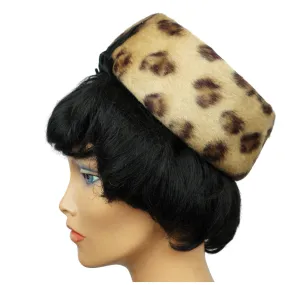 Vintage 1960s Leopard Faux Fur Pillbox Hat Swiss Plush Felt Reggi of Wilshire M