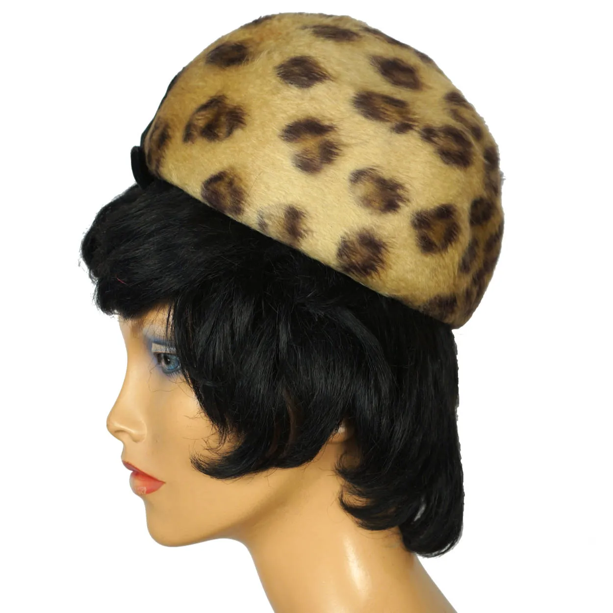 Vintage 1960s Leopard Faux Fur Pillbox Hat Swiss Plush Felt Reggi of Wilshire M