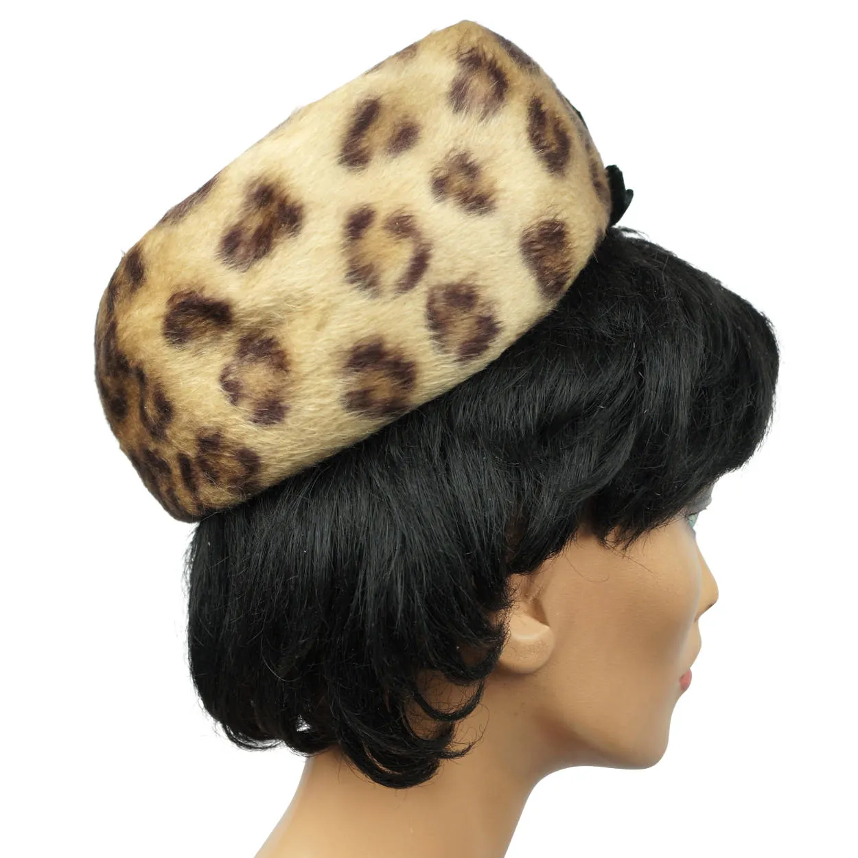 Vintage 1960s Leopard Faux Fur Pillbox Hat Swiss Plush Felt Reggi of Wilshire M