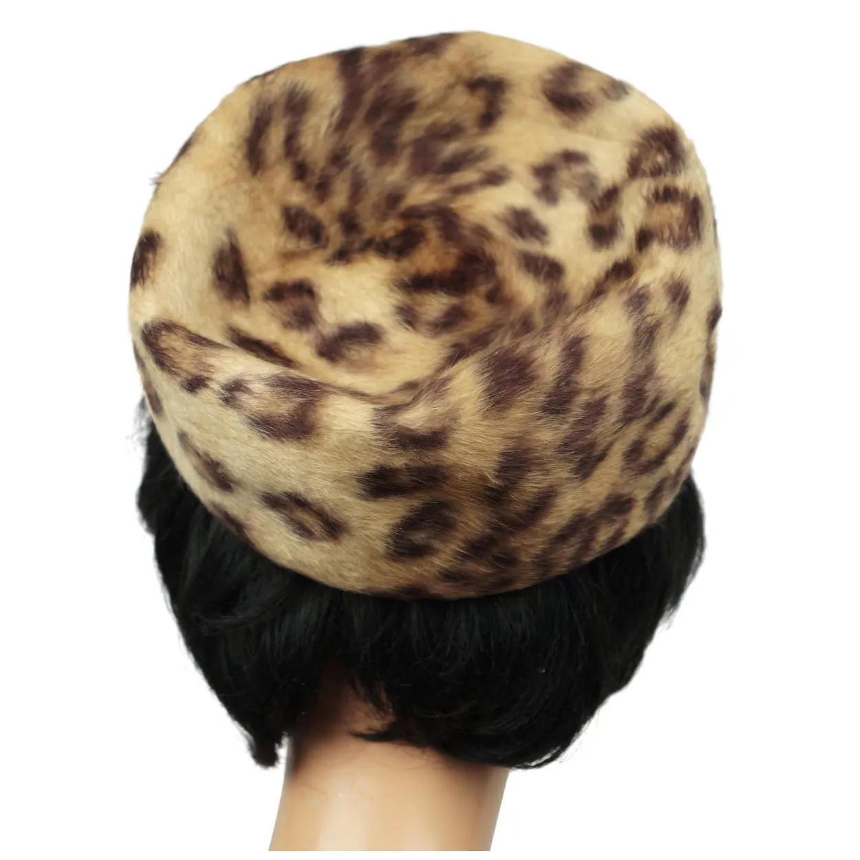 Vintage 1960s Leopard Faux Fur Pillbox Hat Swiss Plush Felt Reggi of Wilshire M