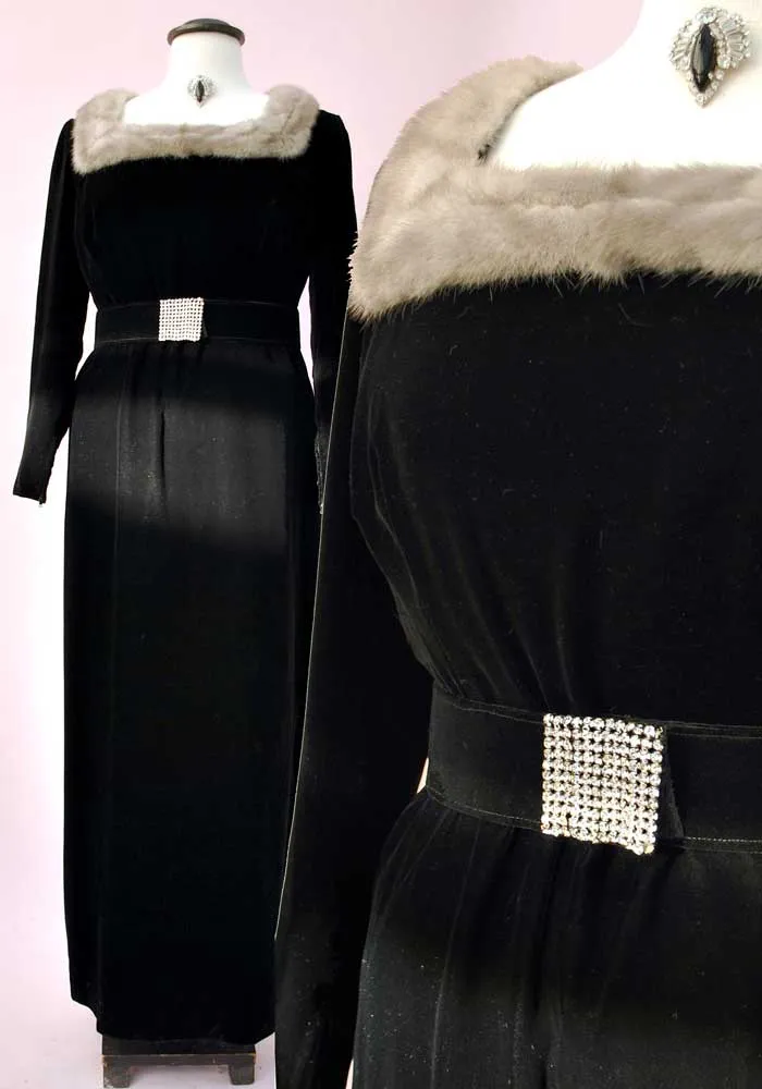 Vintage 50s Black Velvet Evening Gown Grey Mink Trim • VOLUP