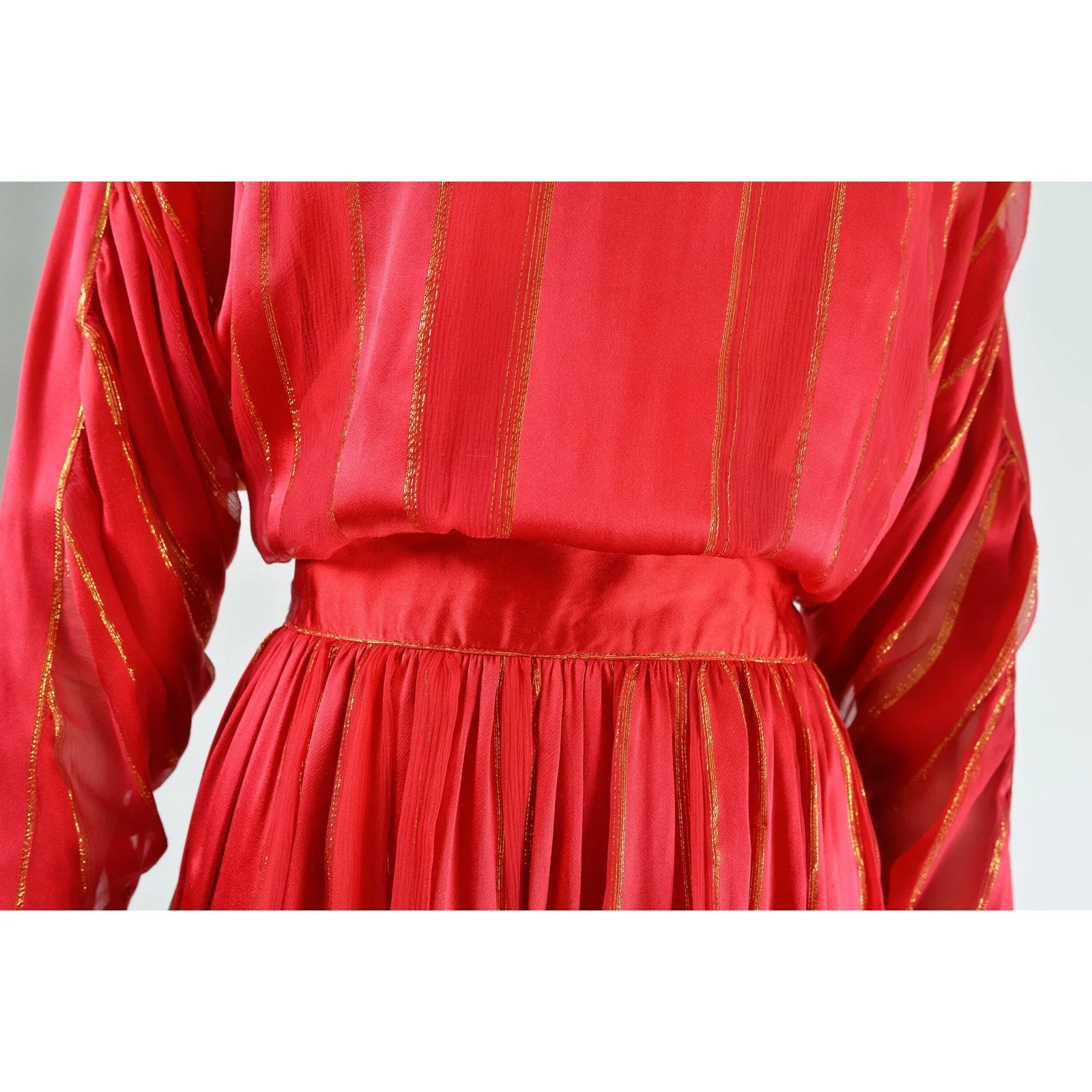 Vintage 80s Red Silk Satin Metallic Sheer Striped Dolman Sleeve Maxi Dress size M