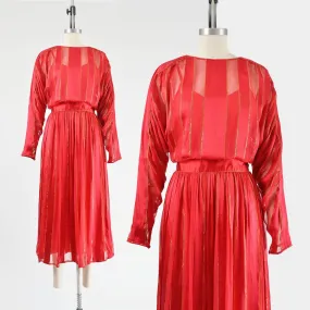 Vintage 80s Red Silk Satin Metallic Sheer Striped Dolman Sleeve Maxi Dress size M