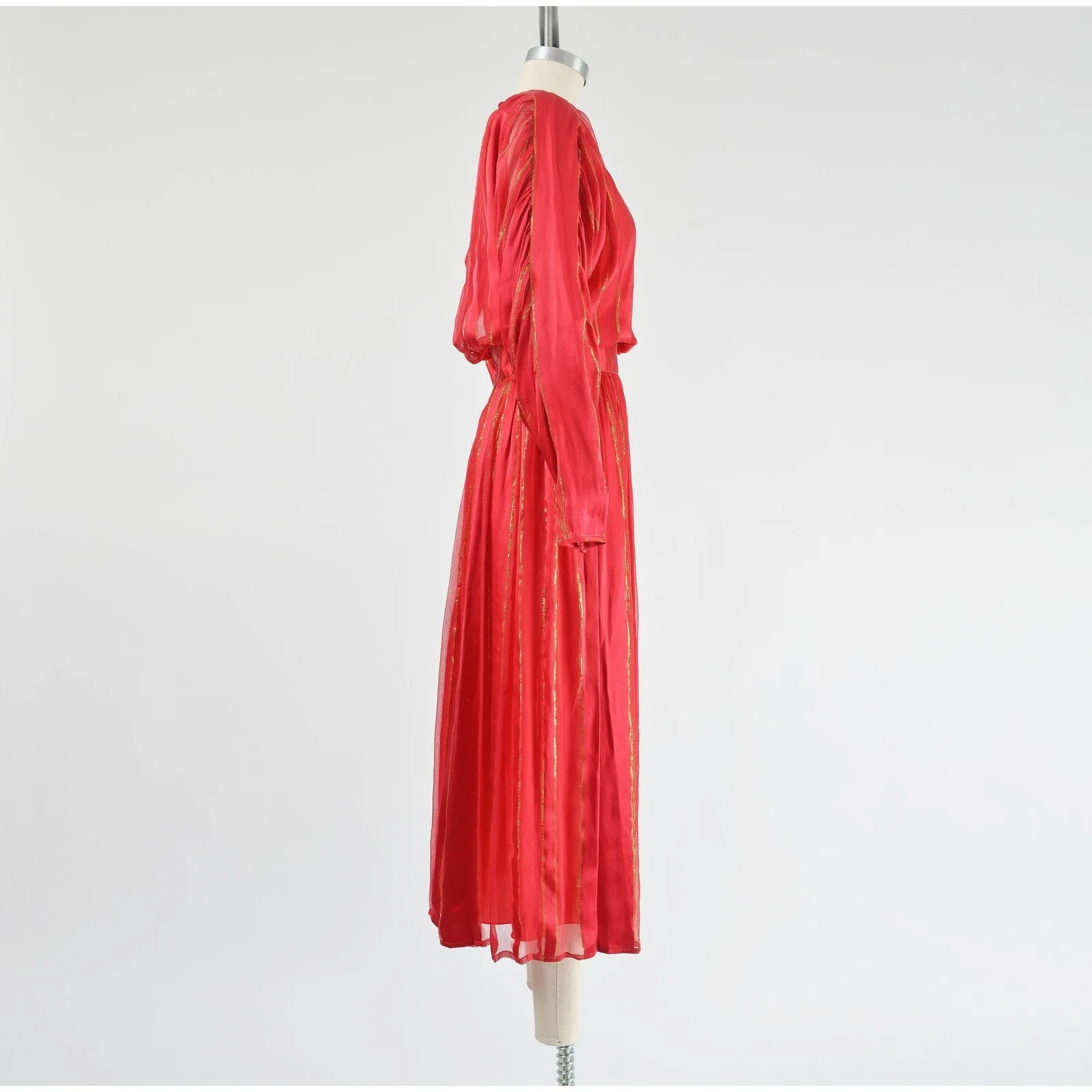 Vintage 80s Red Silk Satin Metallic Sheer Striped Dolman Sleeve Maxi Dress size M