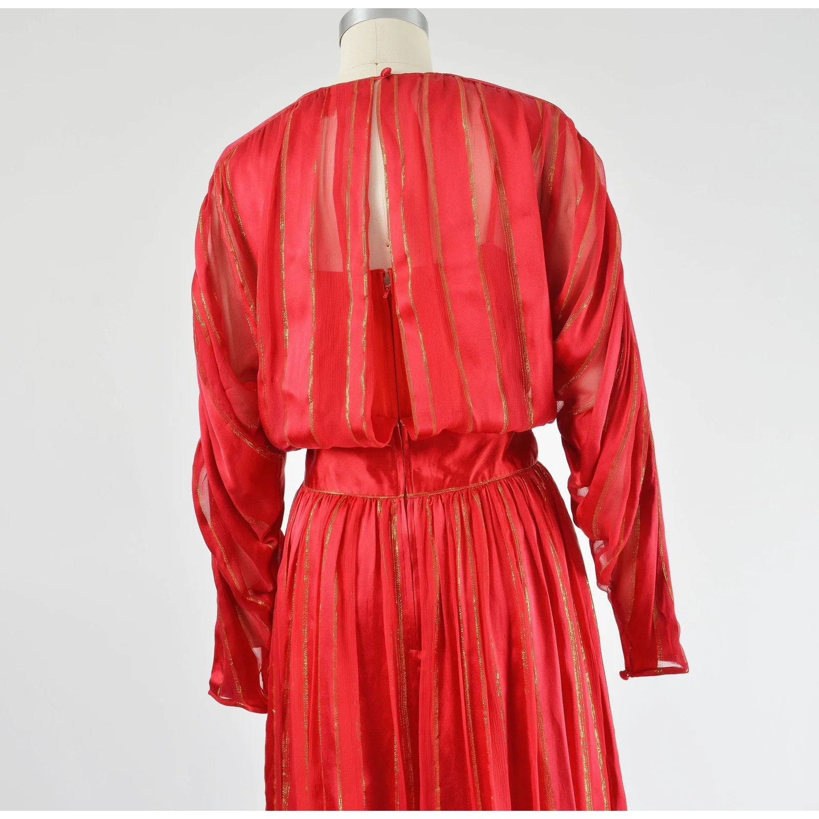 Vintage 80s Red Silk Satin Metallic Sheer Striped Dolman Sleeve Maxi Dress size M