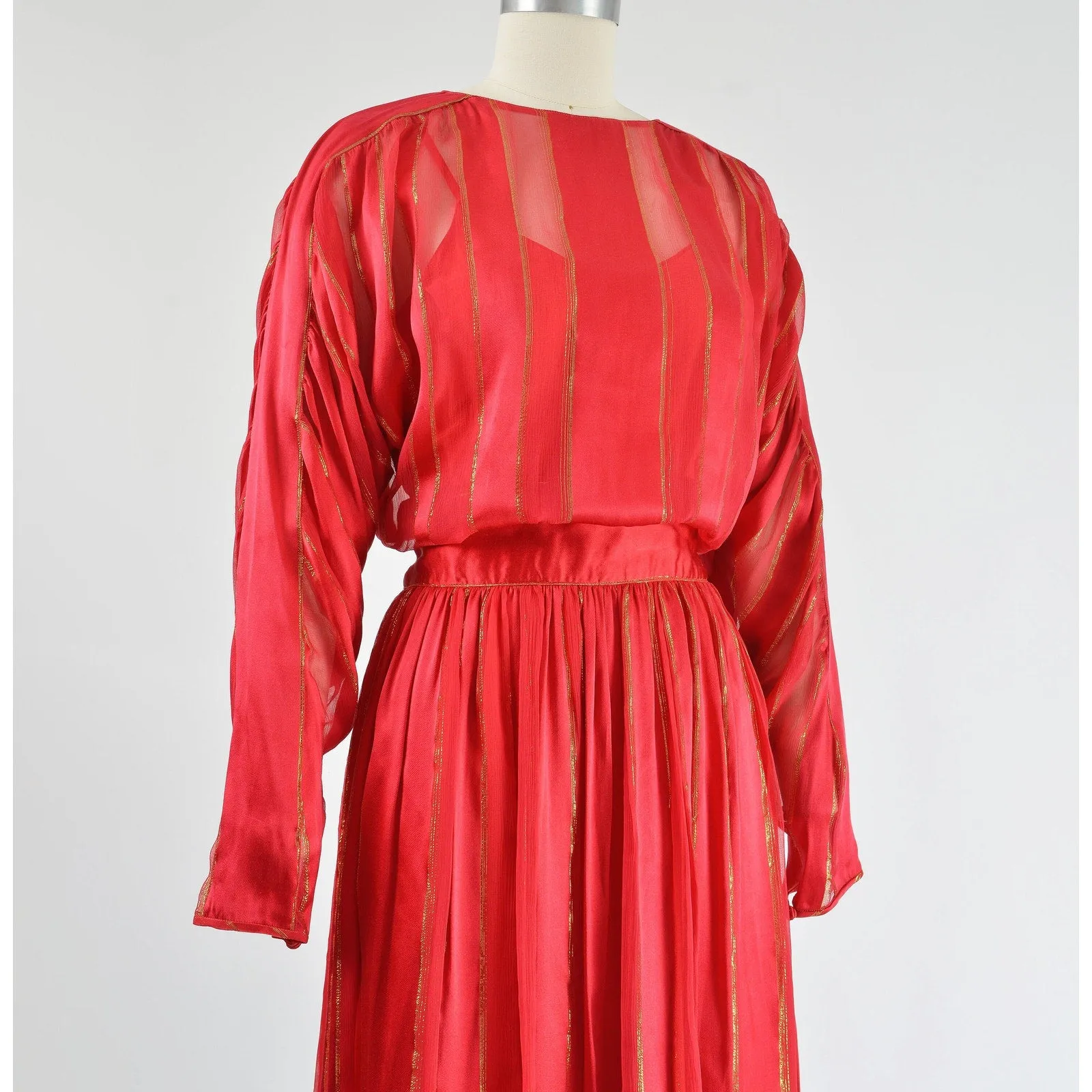 Vintage 80s Red Silk Satin Metallic Sheer Striped Dolman Sleeve Maxi Dress size M