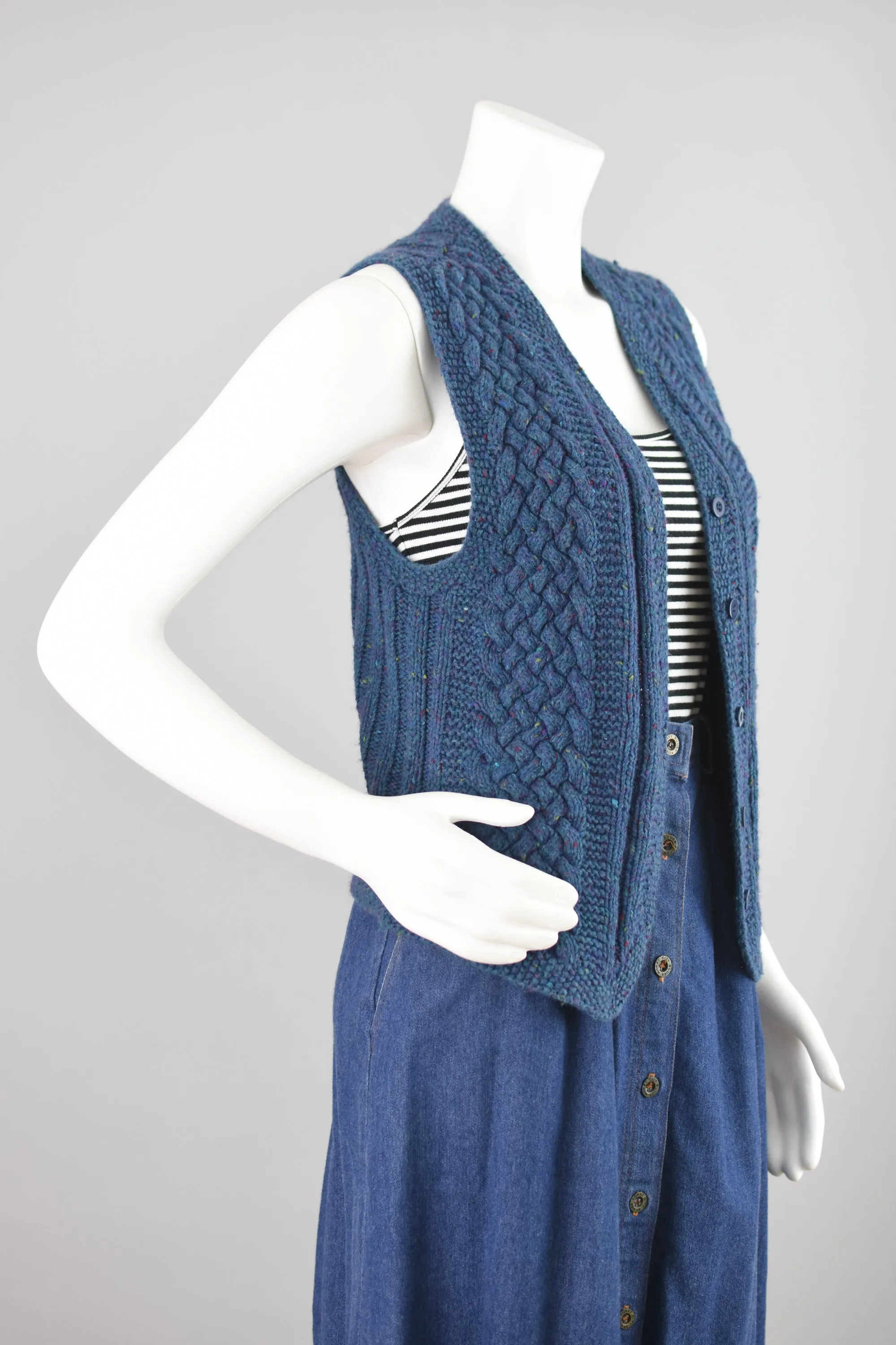 Vintage Blue Chunky Knit Wool Blend Sweater Vest, Women's Small