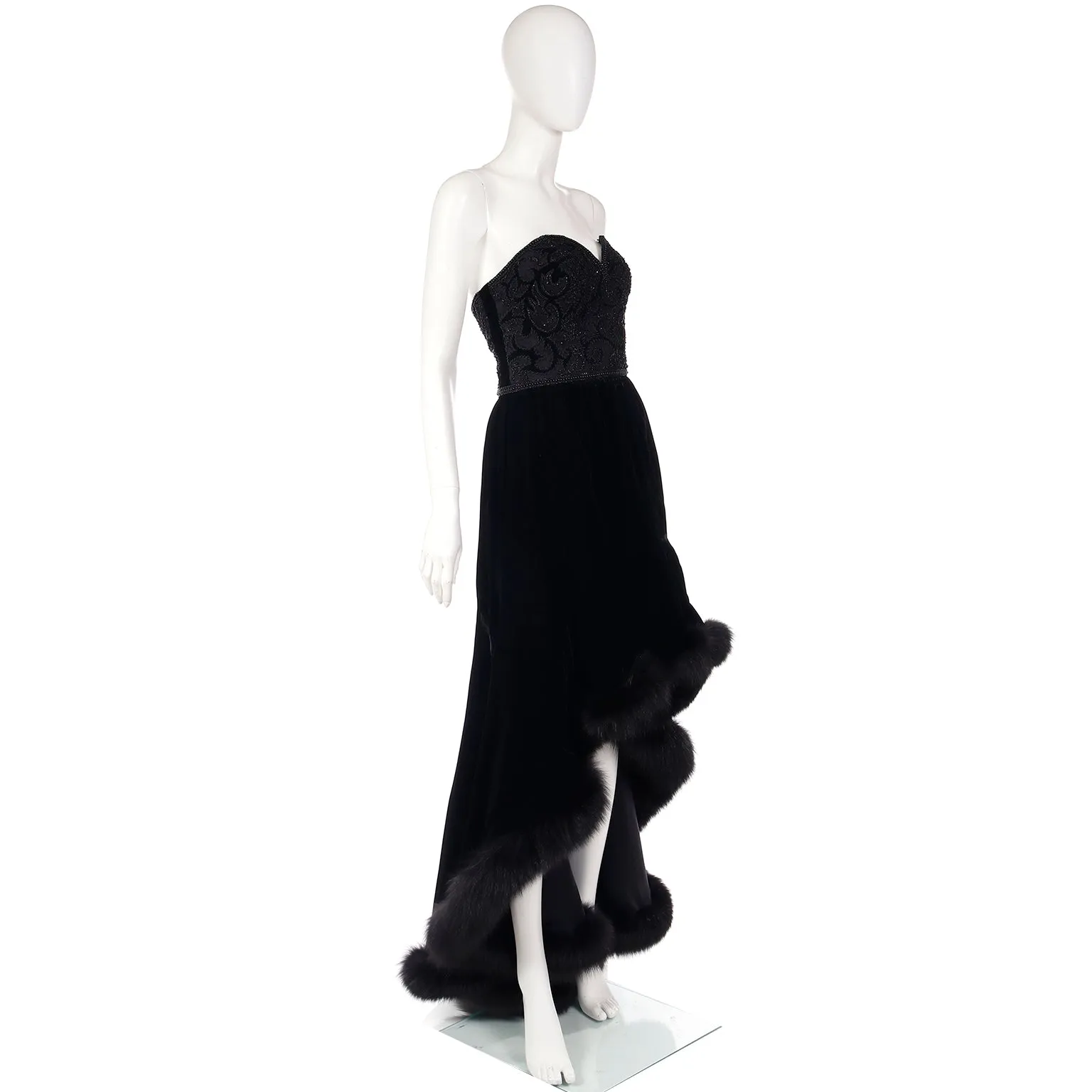 Vintage Couture Black Velvet Strapless Evening Gown w/ Fur Trim