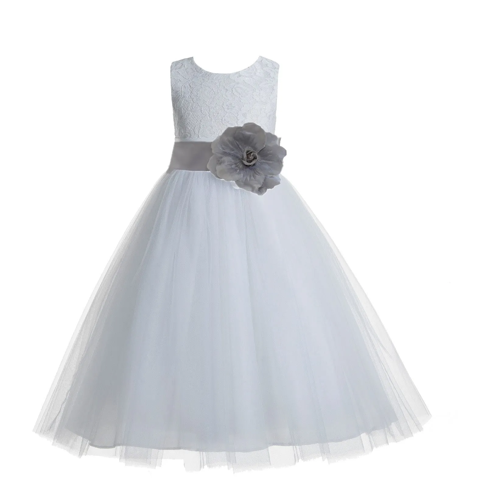 White Floral Lace Heart Cutout Flower Girl Dress Communion Baptism Junior Bridesmaid Dress 172T(2)