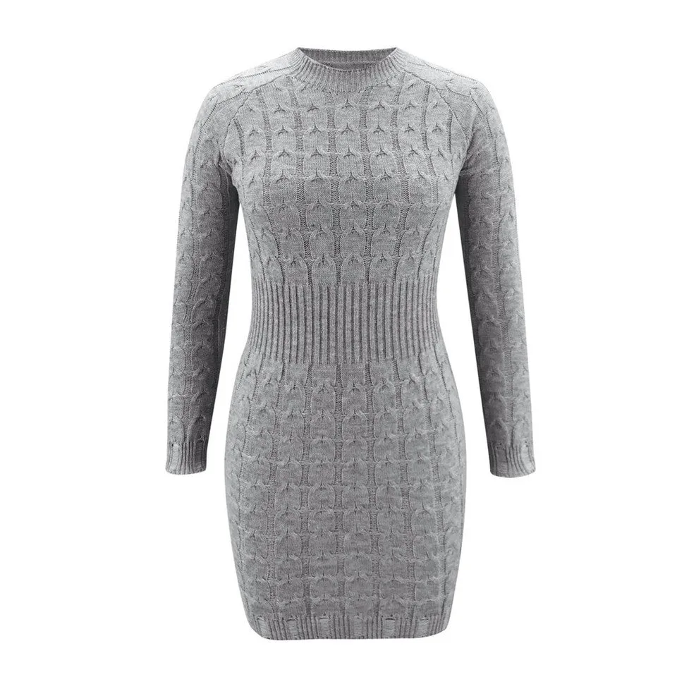 Women Solid Color Knitted Mini Pencil Dress O-Neck Long Sleeve