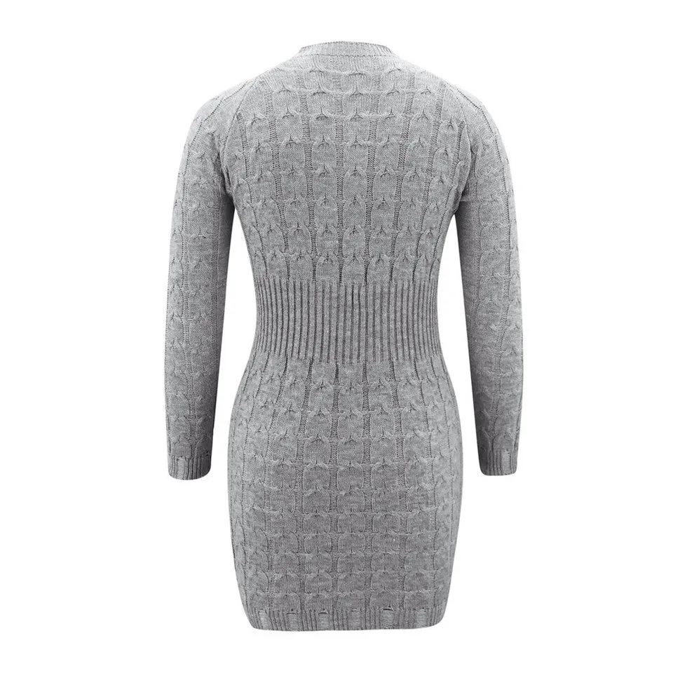 Women Solid Color Knitted Mini Pencil Dress O-Neck Long Sleeve