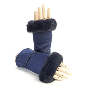 Women's blue leather fingerless with pure Holland & Sherry cashmere top and eco fur detail on finger tips