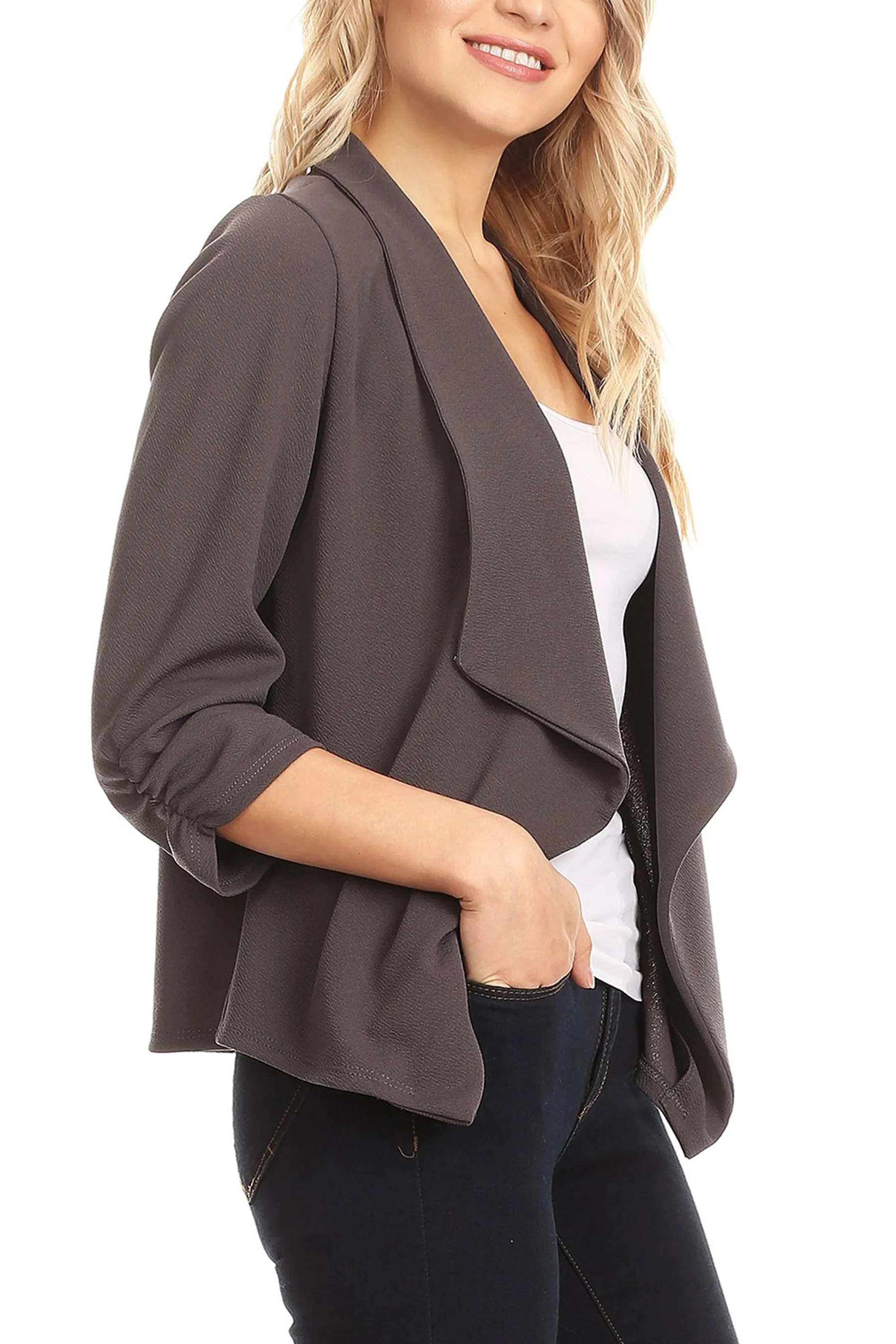 Women's Casual 3/4 Sleeve Fitted Solid Open Front  Blazer Jacket