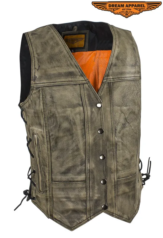 Womens Distressed Brown Leather Motorcycle Vest With Side Laces