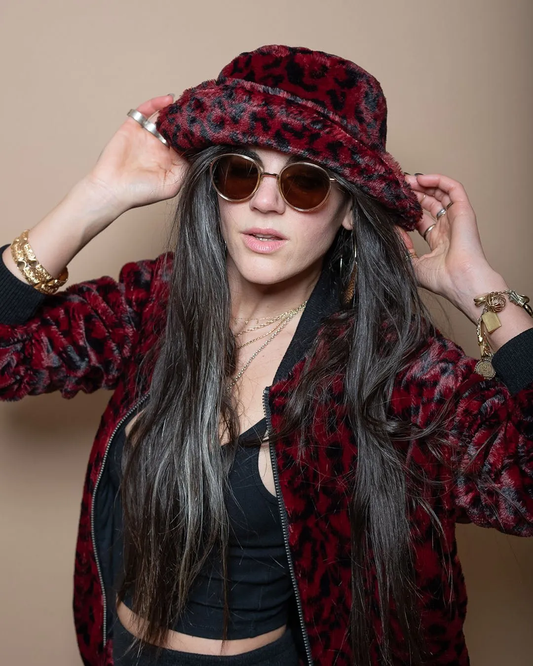 Women's Fur Bucket Hat | Red Burgundy Leopard