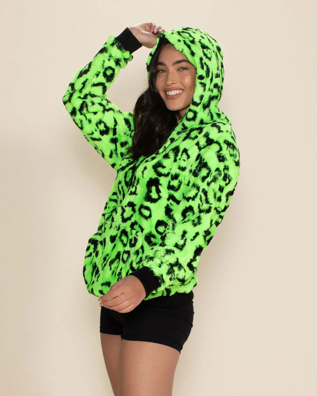 Women's Fur Hoodie | Neon Green Leopard