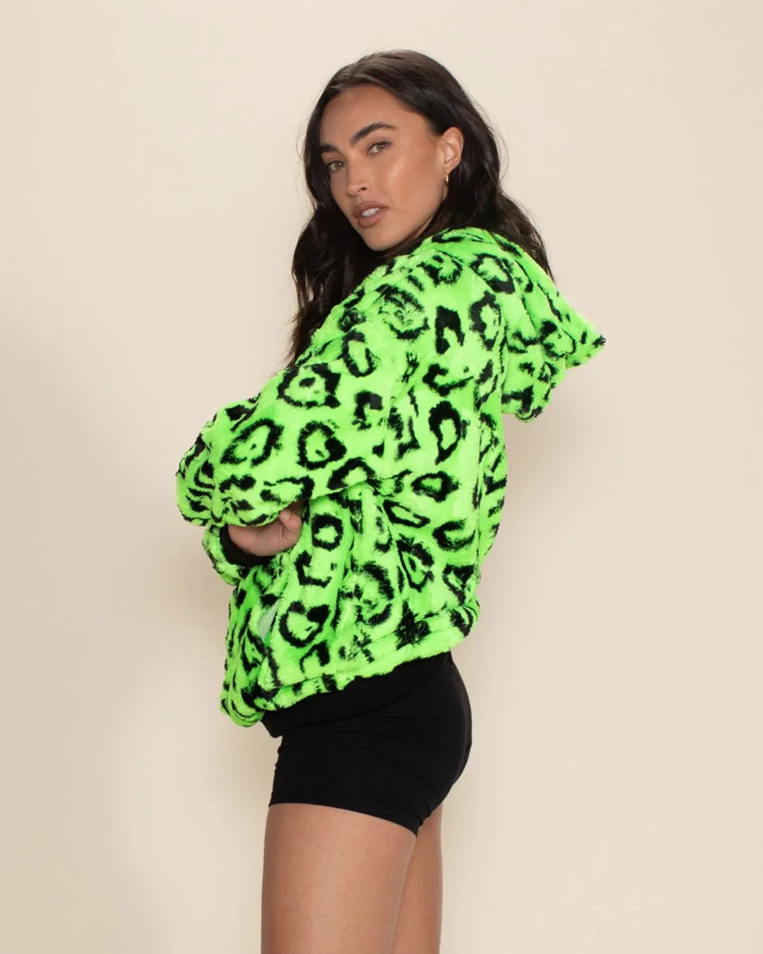 Women's Fur Hoodie | Neon Green Leopard