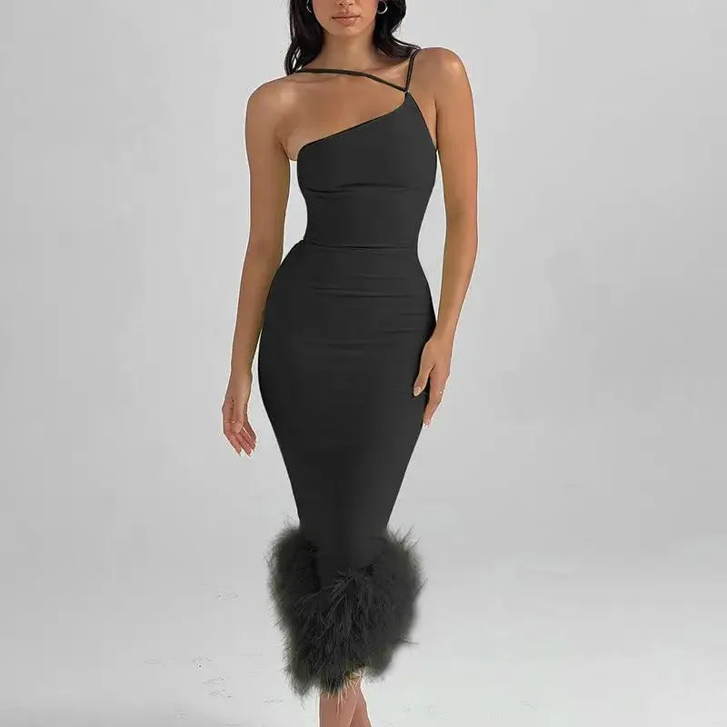 Women’s High Waist One-Shoulder Fur Halter Dress