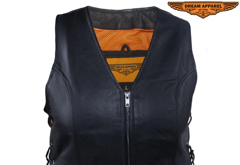 Womens Leather Motorcycle  Zip Up Leather Vest With Concealed Carry