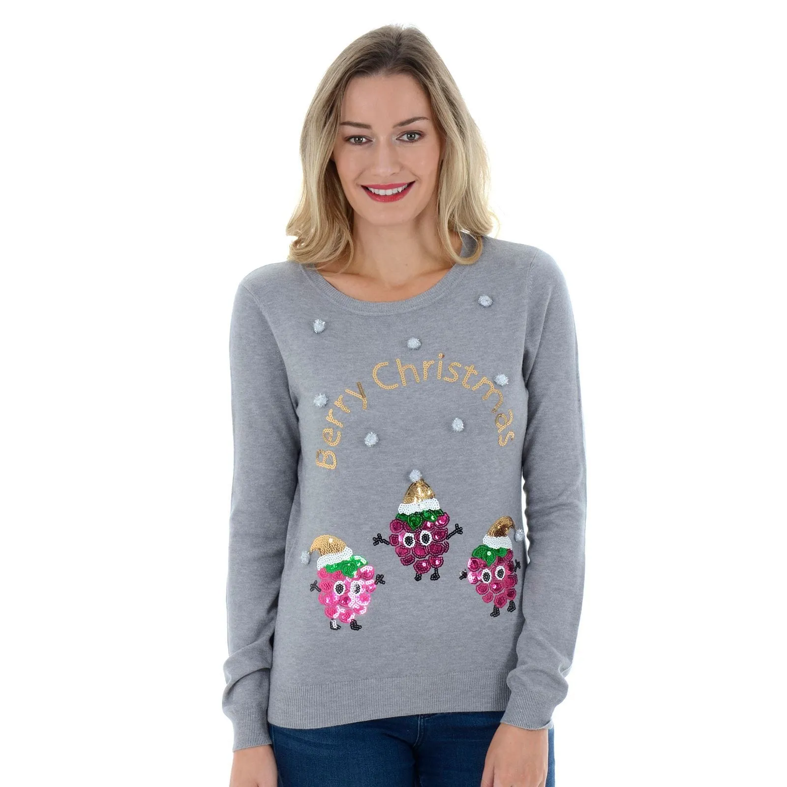 Womens Novelty Sequin Raspberry Christmas Jumper