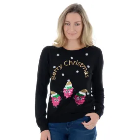 Womens Novelty Sequin Raspberry Christmas Jumper